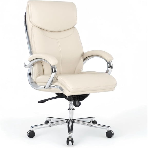 COLAMY High Back Executive Office Chair, PU Leather Computer Desk Chair with Extra Thick Padded Seat Cushion, Quiet Rubber Rolling Casters and Adjustable Tilt Tension for Home Workspace,Beige