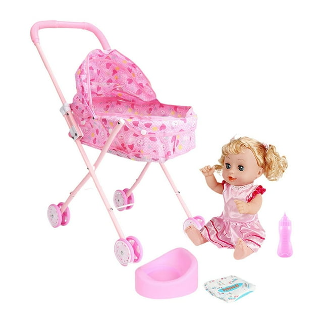 5x Mini cochecito de muñeca y pañal, cama, biberón, juguetes educativos con muñeca bebé, juguete de simulación para niños pequeños de 3, 4, 5, 6 y 7 Corazón