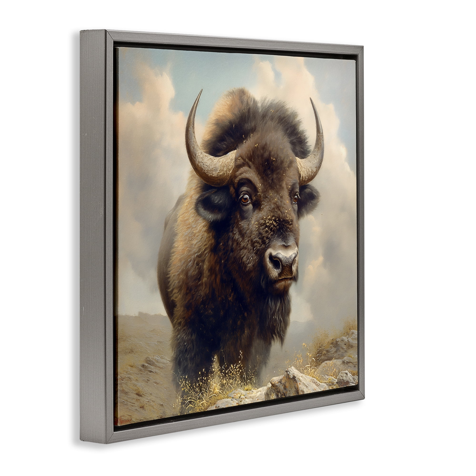Stupell Industries Strong Bison Horns Animals Painting Gray Floater Framed Canvas Art Print Wall Art, 18 x 18