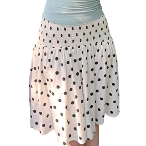 Wxolcjlv Womens Polka Dot Midi Skirt Smocked Elastic Waist Ruffled A‑Line Cut Casual Skirts