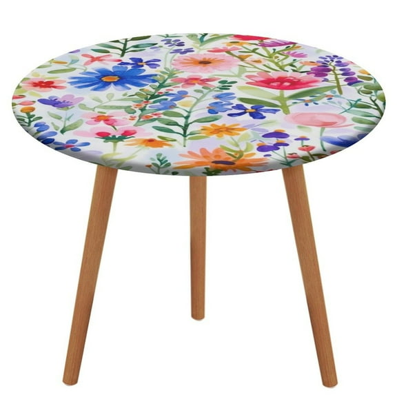 Floral Colorful Flower Fitted Table Cover - Waterproof Elastic Edged Tablecloth Wipeable Table Cloth for Spring Party Dinner Table Decor (Fit for 45"-54" Round Tables)