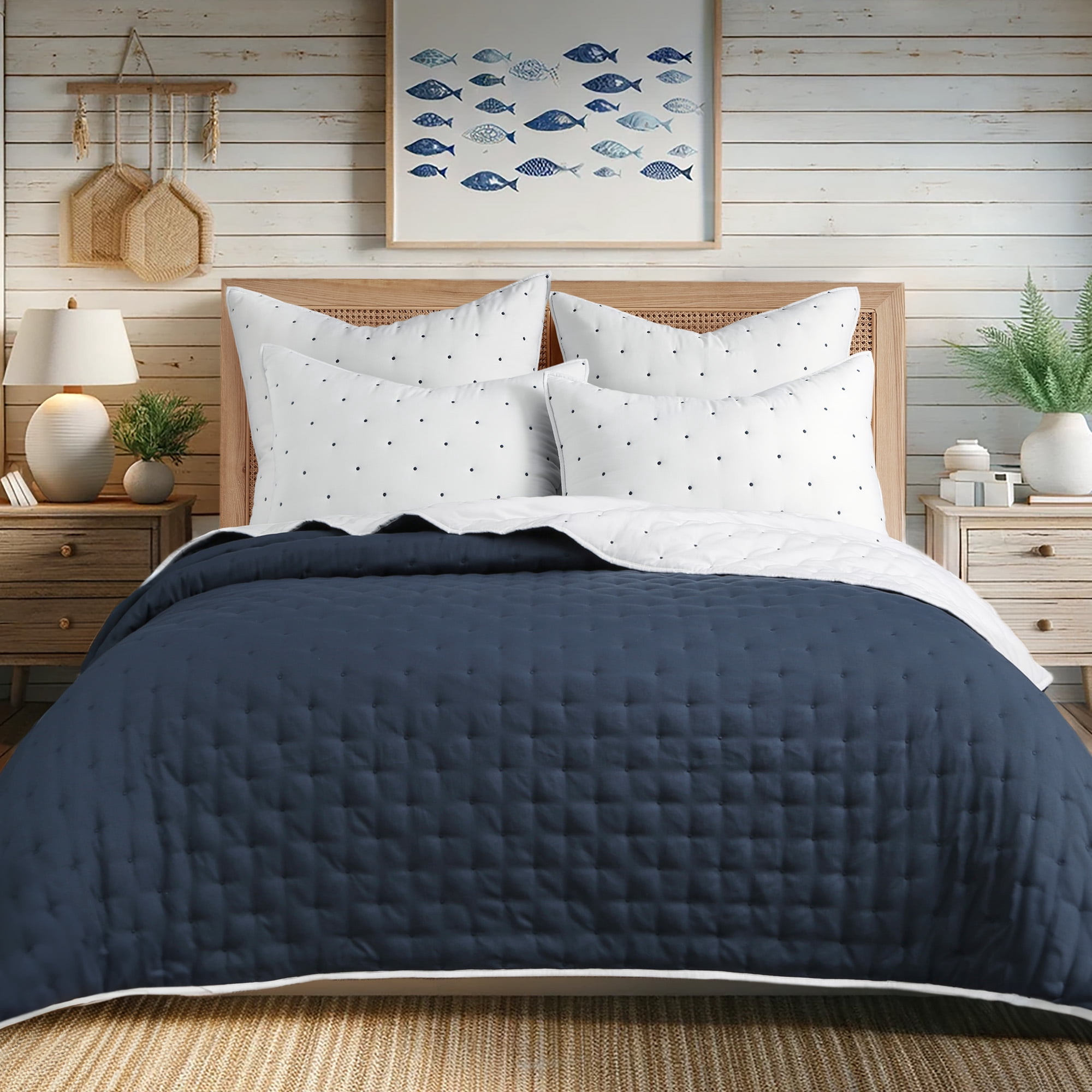 Levtex Home - Embroidered Swiss Dot Quilt Set - Full/Queen Quilt and Two Standard Shams - Dot - Navy and White - Quilt (88x92in.) and Shams (20x26in.) - Reversible - Polyester