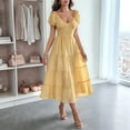 thumbnail image 3 of Women'S Summer Casual Midi Dress Puffy Short Sleeve V-Neck Smocked Tiered Ruffle Dresses Yellow XL, 3 of 5