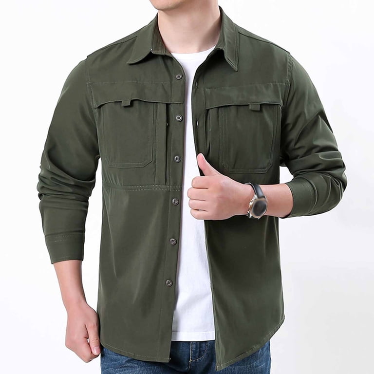 longline dress shirt mens LODIENY Men Large Size (M-4XL) Fishing Cargo Shirt Long Sleeve Quick Dry  Baggy Longline Shirts Button Up Collared Work Tops Lightweight Breathable