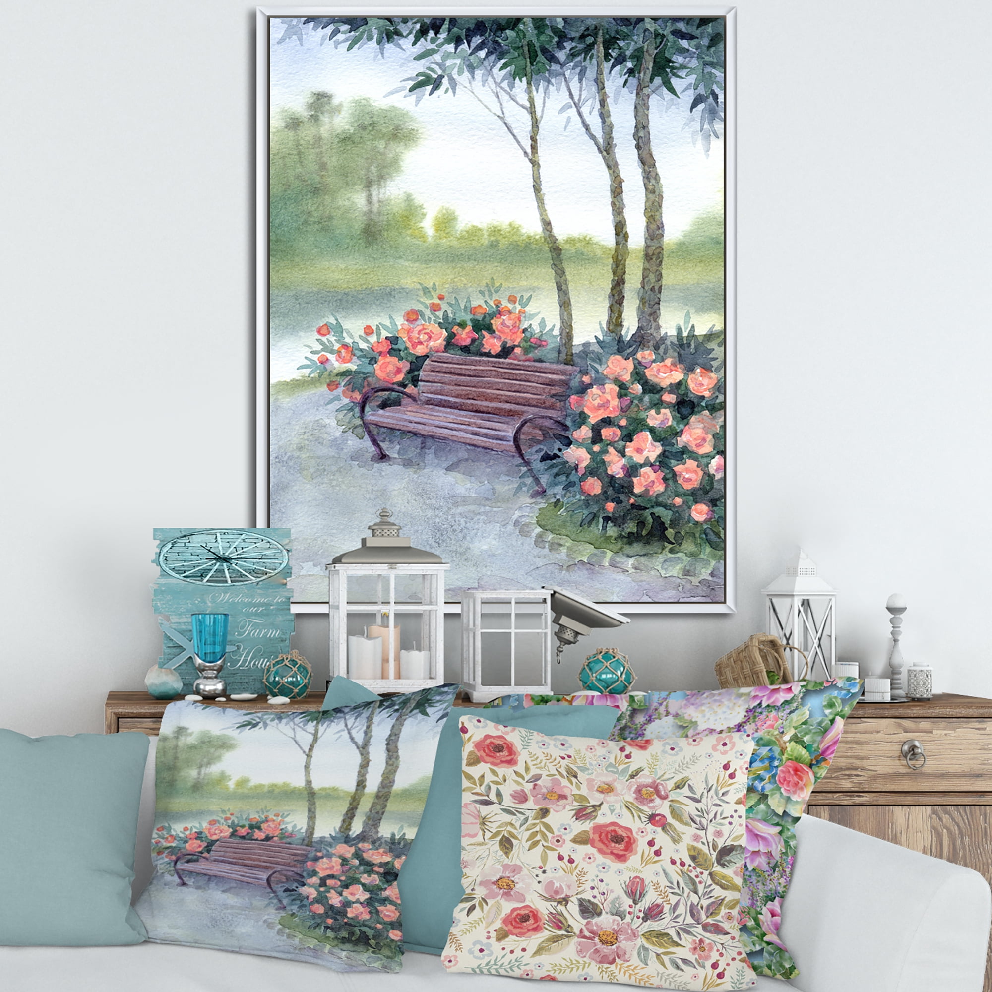 Designart 'Bench In Park By The Pions Flowers Bushes' Traditional Framed Canvas Wall Art Print