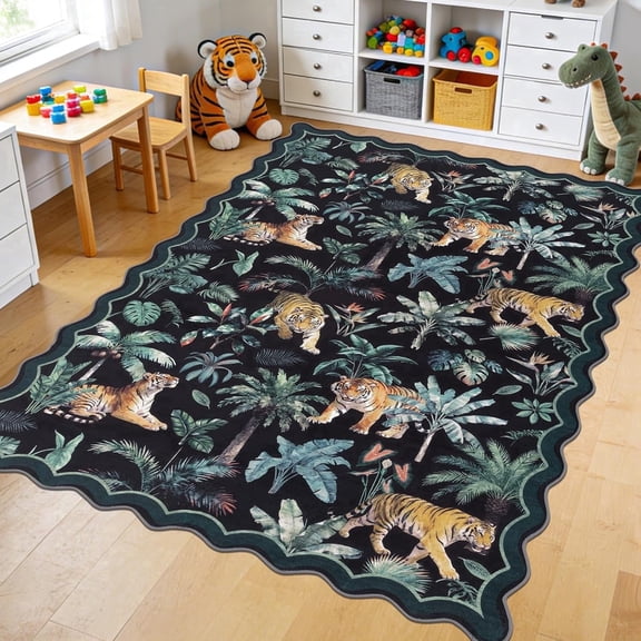 MJIAexp Jungle Animal Print 5x7 Area Rugs for Living Room, Green Soft Washable Rugs for Bedroom Ultra-Thin Non-Slip Modern Rug, Stain Resistant Rug Carpet for Dining Room