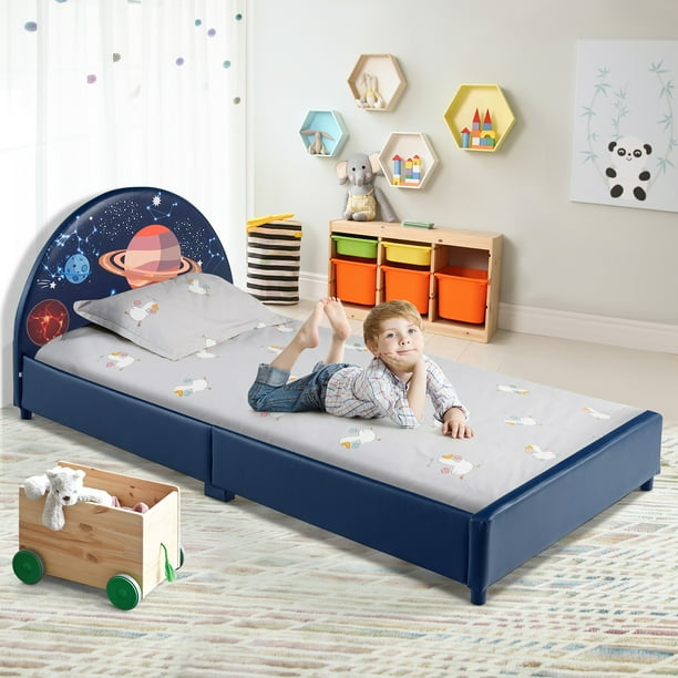 Costway Kids Upholstered Platform Bed Children Twin Size Wooden Bed Galaxy Pattern