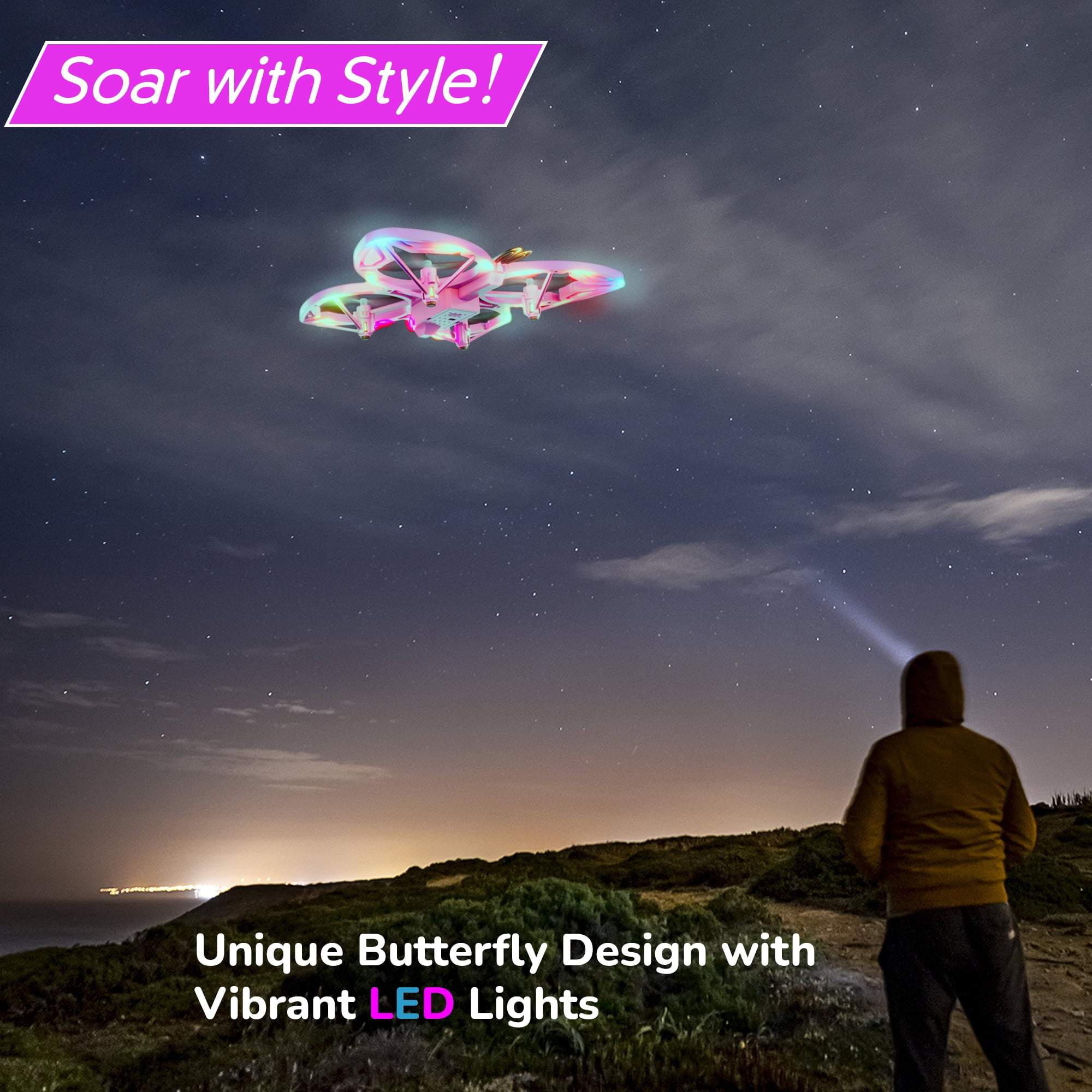 Contixo Mini Drone for Kids, Kids Drones for Adults with LED Lights, Altitude Hold, and 14-Min Flight, Pink Butterfly