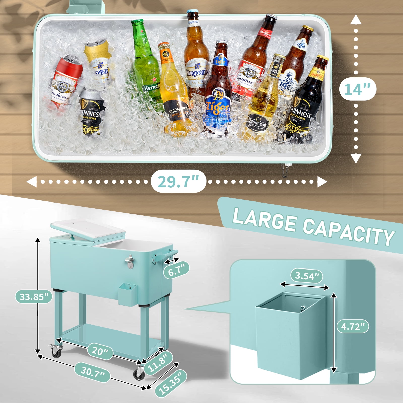 BAYUELSWU 80 QT Patio Cooler Rolling Cooler Ice Chest with Wheels, Square Ice Cooler Carts with Shelf & Bottle Opener Portable for Outdoor Indoor Patio Party Camping (Mint)