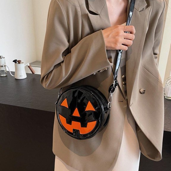 Halloween Pumpkin Crossbody Bag, Cartoon Shoulder Bag Soft Bucket Bag Zipper Sling, Pumpkin Messenger Bag for Women, Casual Outing Halloween Party Bag, Adjustable Strap (Black)