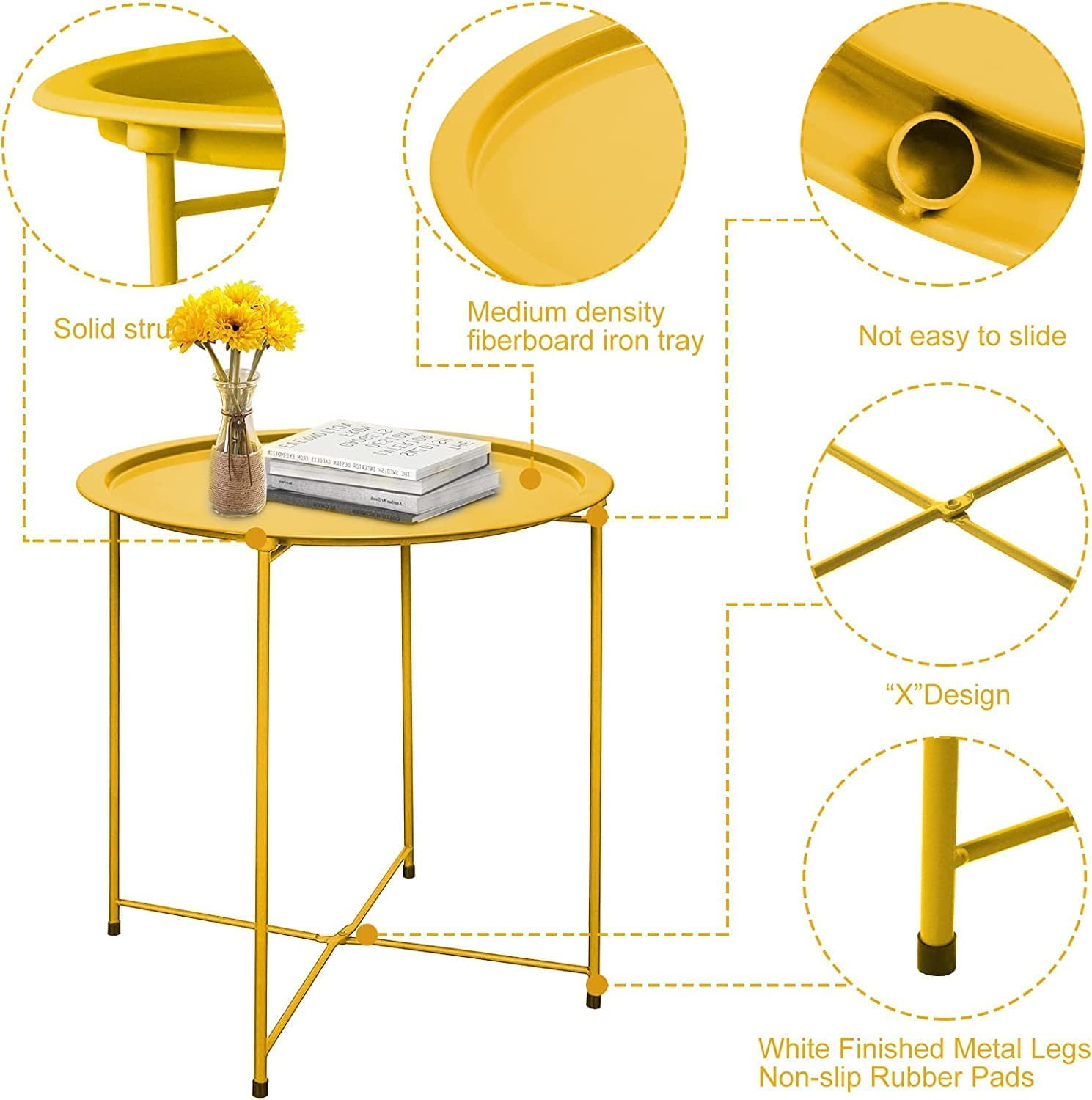 Folding Tray Metal Side Table Yellow Round End Table Cyan Sofa Small Accent Fold-able Table, Round End Table Tray, Next to Sofa Table, Snack Table for Living Room and Bed Room
