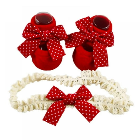 

Baby Socks And Headband Set Lovely Red Bowknot Decorated Anti-Slip Cotton Ankle Socks With Elastic HairBand Set