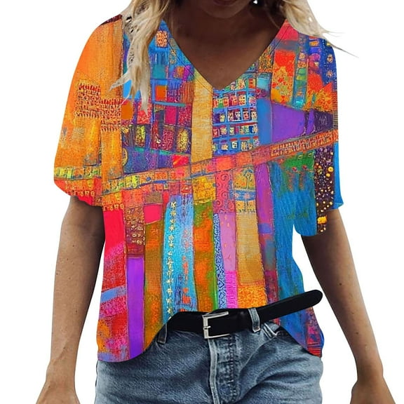 Cilsoka Boho Tops for Women Plus Size Trendy Floral T-Shirt for Women Summer Colorful Short Sleeve Tunic Tops V Neck Graphic Tees Shirt Casual Comfy Blouses Tops
