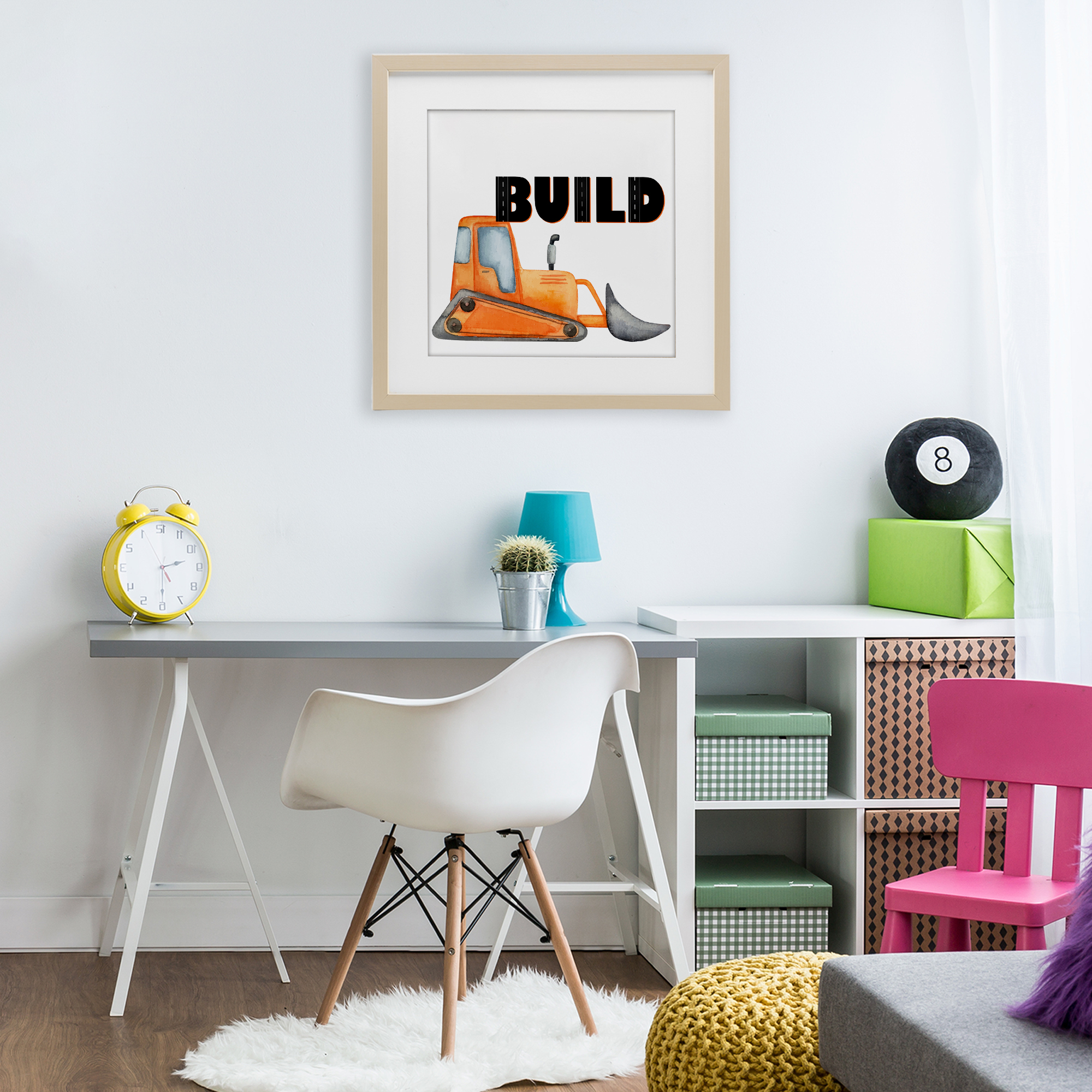 Build with Orange Bulldozer Birch Framed Print Under Glass, design by Kim Allen
