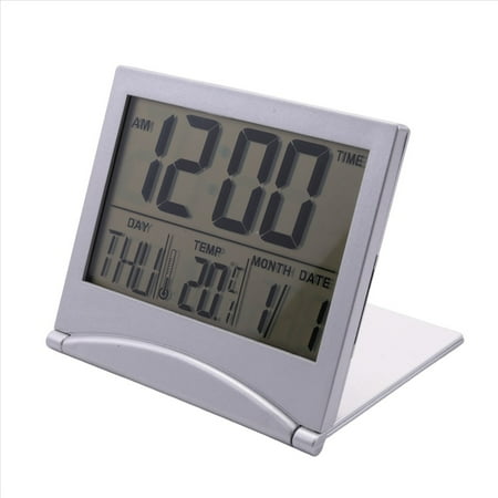 Digital Travel Alarm Clock Battery Operated Portable Large Number Display Clock with Temperature 12/24H Small Desk Clock,1 x digital clock(Built-in Button Battery),Silver
