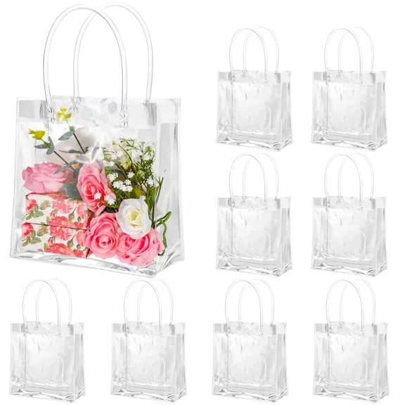 25 pack 8" x 8" x 3.15" Clear Gift Bags with Handle, Large Plastic Bag Gift Wrap Tote Bag Reusable Clear Bags