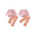 thumbnail image 2 of RUINIXCW Toddler Baby Girl Thanksgiving Halloween Outfit Infant Baby Girls Fall Clothes Turkey Ghost Embroidery Long Sleeve Ruffled Shirt Tops and Striped Bell Bottoms 2 Pcs Set, 2 of 9