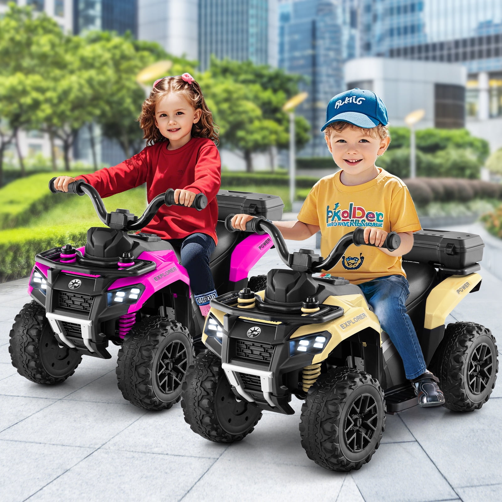 Costway 6V Toddler Ride On Electric Car ATV with Lights & Music & USB Port Storage Box Toy Car Khaki