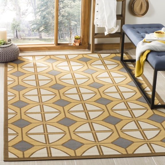 SAFAVIEH Hampton Lucas Geometric Indoor/Outdoor Area Rug, Camel/Ivory, 6'7" x 9'6"