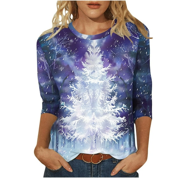 Bcresic Tops for Christmas Women Trendy 3/4 Sleeve Tshirts Cute Glitter Xmas Tree Basic Tee Casual Loose Round Neck Tunic Top Classic Printed Pullover Shirt Holiday Gifts Top,#02_Purple,XX-Large