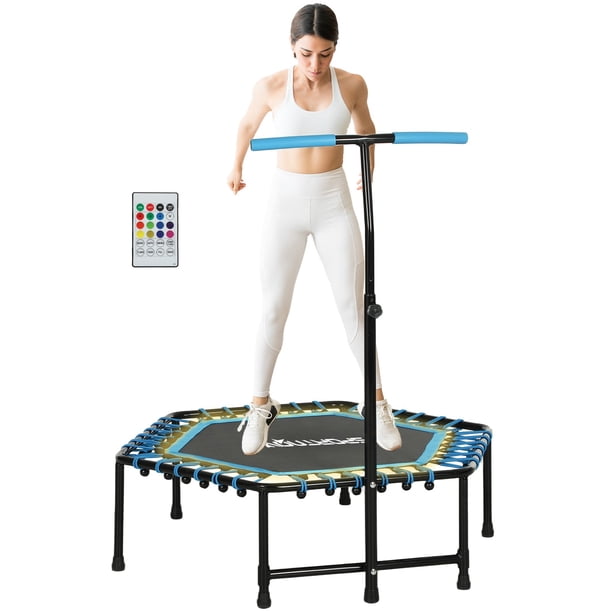 GETHFSA 45” Rebounder Trampoline with LED Light, Indoor Fitness Trampoline with Adjustable Handle, Bungee Cord Exercise Trampoline for Adults, Blue