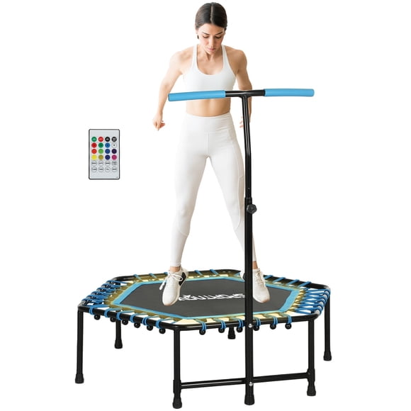GETHFSA 45” Rebounder Trampoline with LED Light, Indoor Fitness Trampoline with Adjustable Handle, Bungee Cord Exercise Trampoline for Adults, Blue