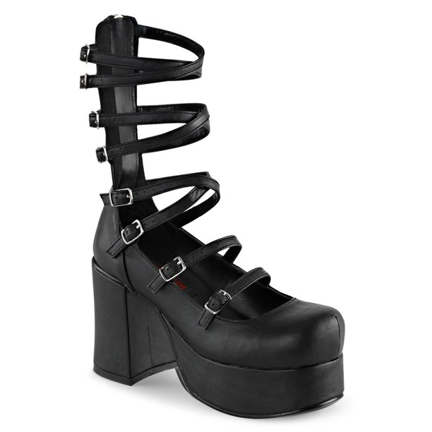 SummitFashions Womens Platform Mary Janes Black Vegan Leather Strappy