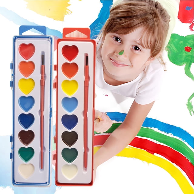 Heart-Shaped Watercolor Paint Set for Kids - 8 Color Square Box with Brush, Perfect for Beginners, Travel & Art Projects