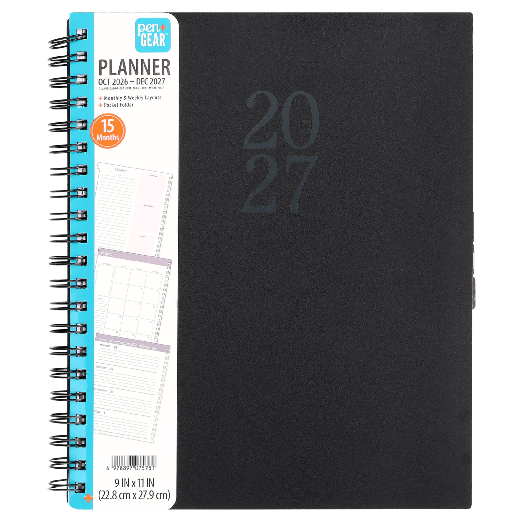 Pen+Gear 15-Month Large Planner, Black, 9" x 11", October 2026-December 2027