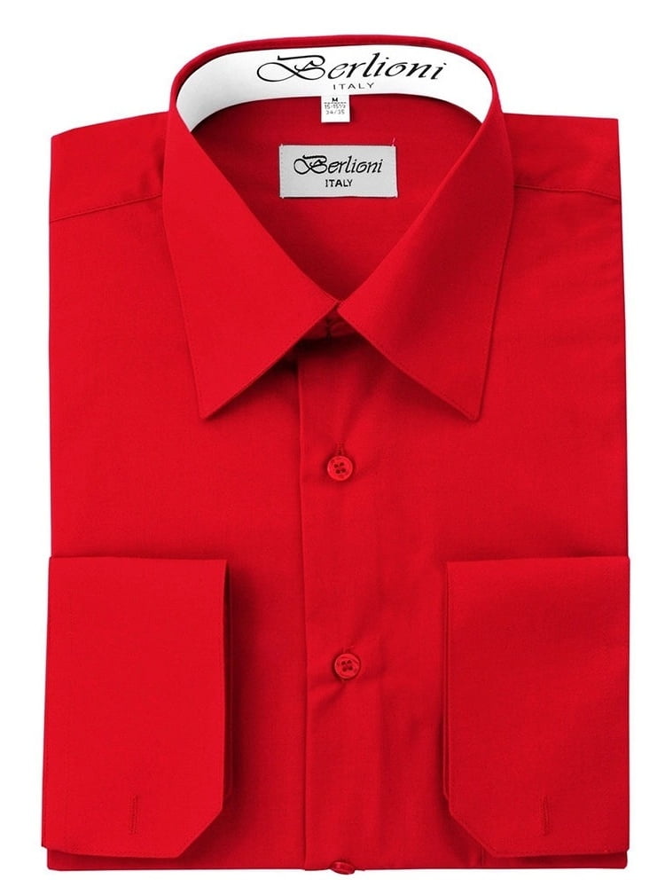 Berlioni Italy Men's Convertible Cuff Solid Long Sleeve Dress Shirt Red ...