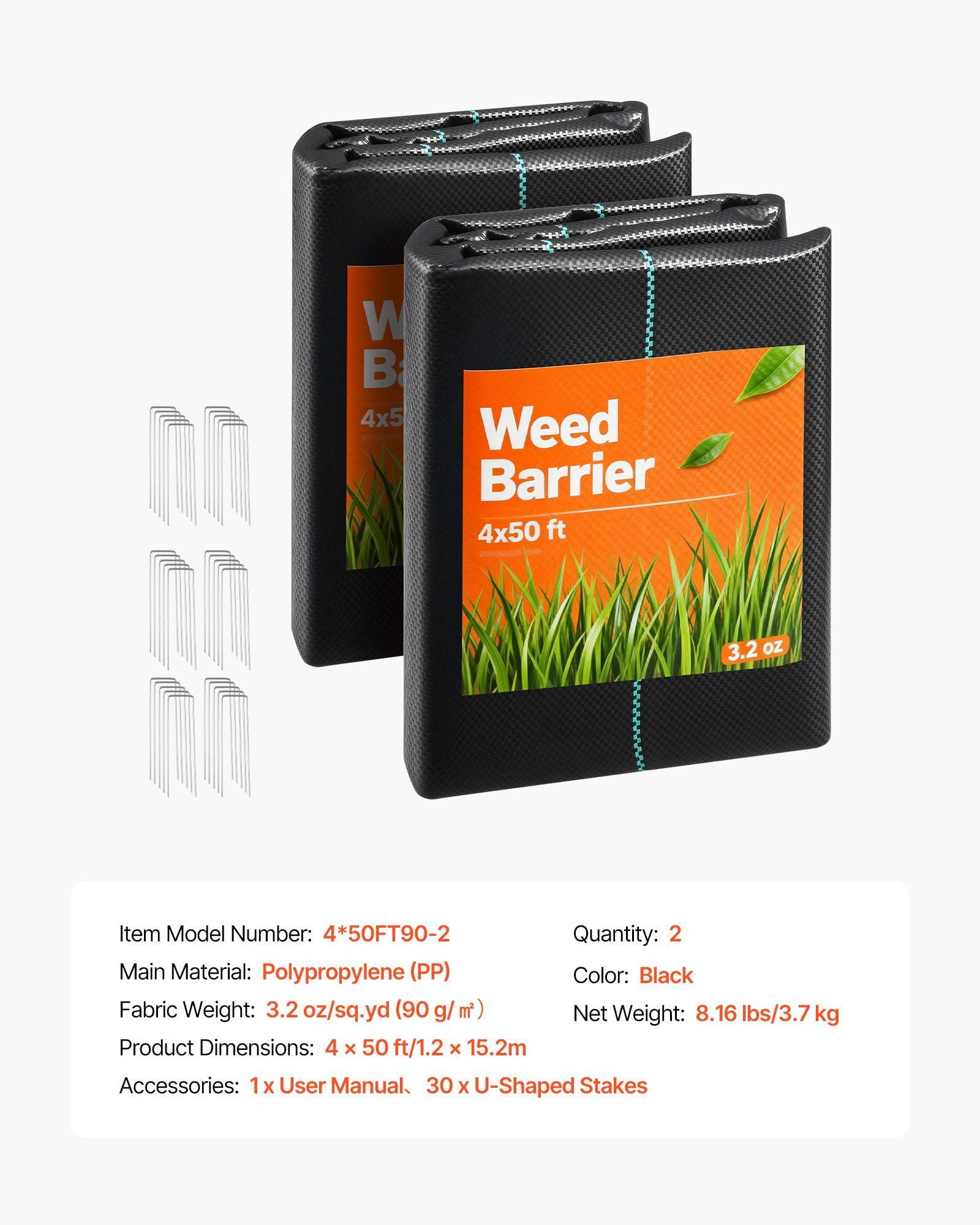 2-Pack 4x50ft Weed Barrier Fabric, 3.2oz Woven, Black