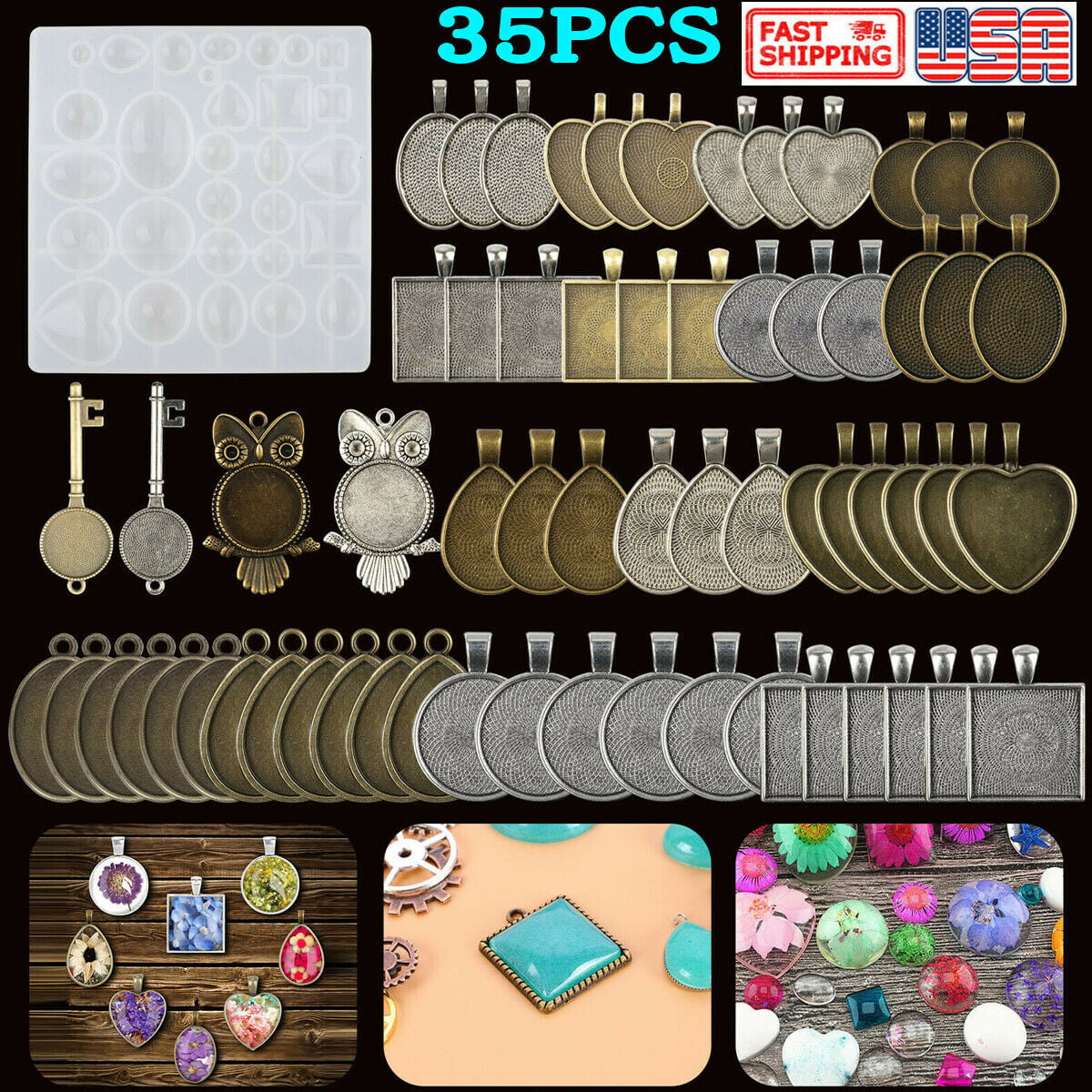 35Pcs/Set Resin Jewelry Casting Silicone Mold DIY Crafting Pendant Trays Making 