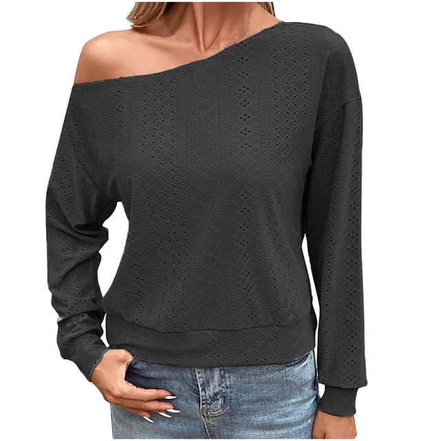 Pompotops Haut d'Automne Décontracté pour Femmes Couleur Unie Col Asymétrique Blouses Manches Longues Haut Manches Longues Col Asymétrique Blouses en Solde