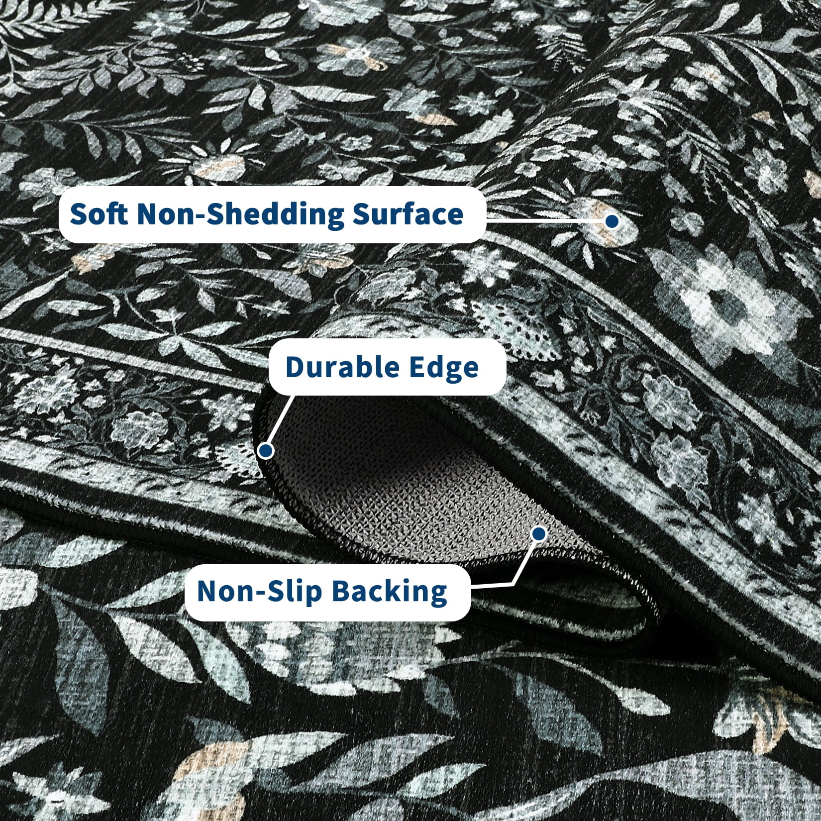 Garvee 2'x6' Vintage Floral Area Rugs Washable Botanical Printed Rugs Carpet, Low Pile Non Slip Oriental Rug Stain Resistant Indoor Rugs for Bedroom Hallway Kitchen, Black