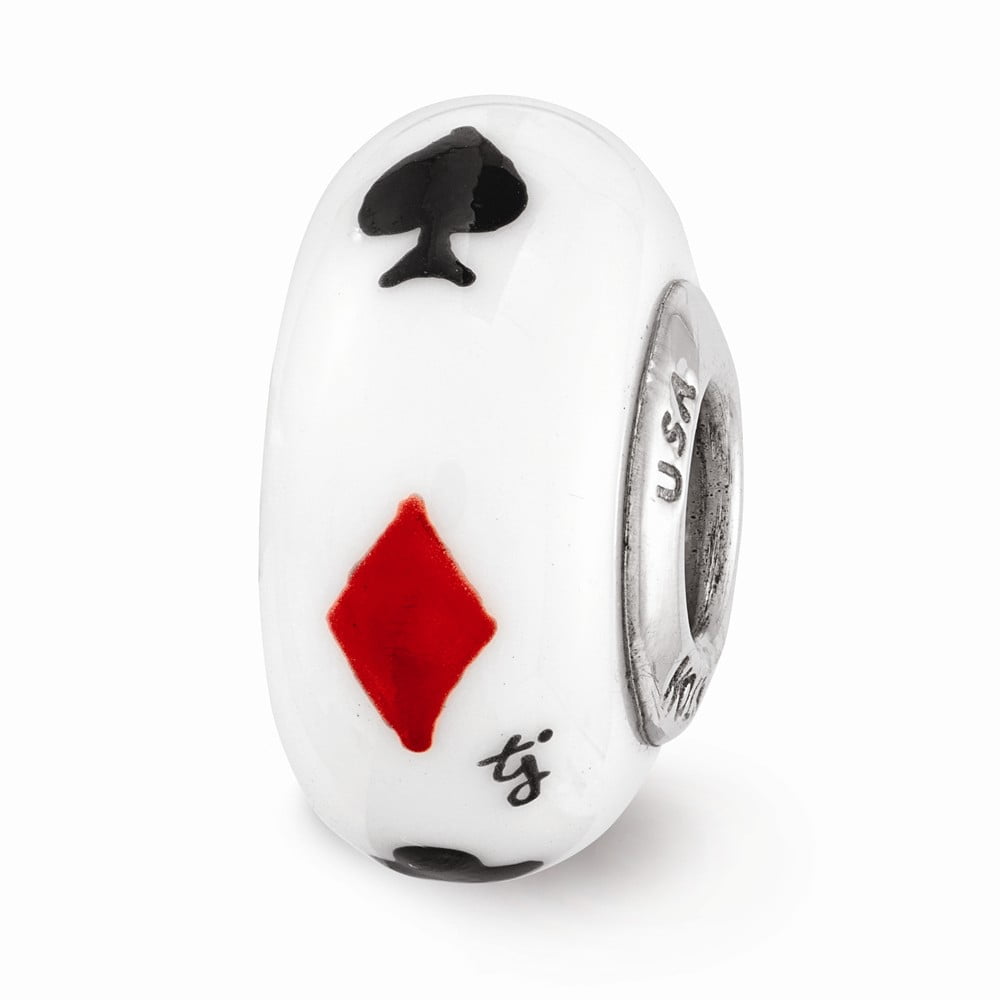 Ster.Silver Reflections White Hand Painted Lucky Suit Fenton Glass Bead; for Adults and Teens; for Women and Men