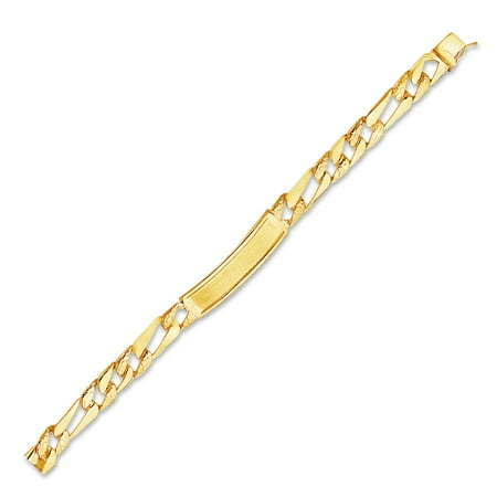Mens Gold Figaro Bracelet - 14k Yellow Gold Mens Stamp Nugget Figaro Link ID Bracelet - 8