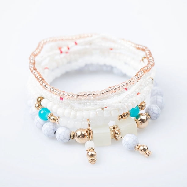 Nvzi Pulseras de cuentas apilables bohemias, juego de pulseras multicapa con dijes colgantes, brazaletes elásticos, color blanco