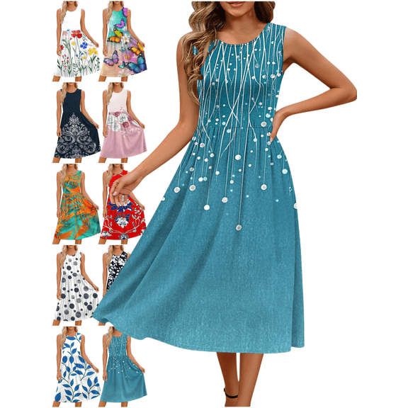 Mifsaly Sleeveless Dress for Women Floral Print Boho A-Line Midi Dresses Flowy Spring Summer Vacation High Waist Sundresses M