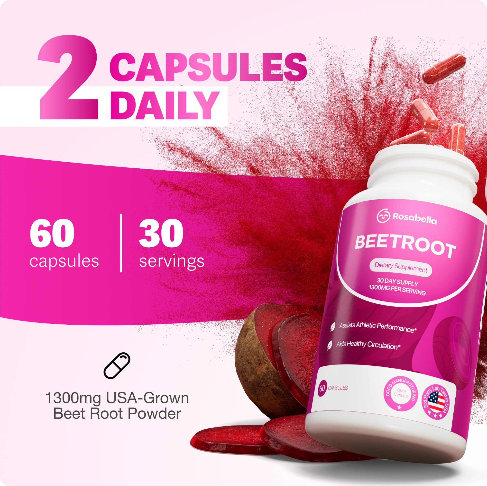 Rosabella Organic Beet Root Capsules - 1300mg Beet Root Powder Aids Healthy Circulation & Vitality, Non-GMO, Beet Root Supplement - 60 Capsules, 30-Day Supply