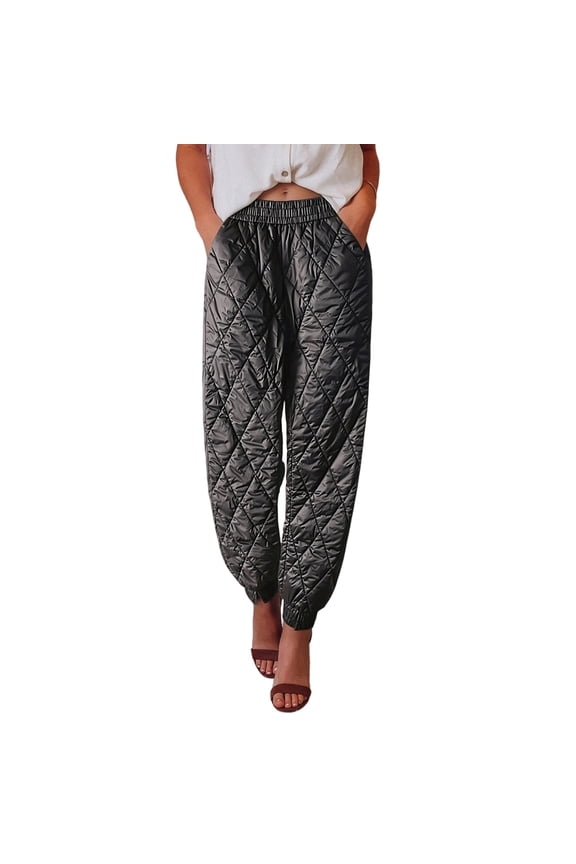 Puffer Pants for Womens High Waist Elastic Jogger Trousers Diamond Stitch Warm Loose Pants with Pockets for Fall Winter Casual Wear