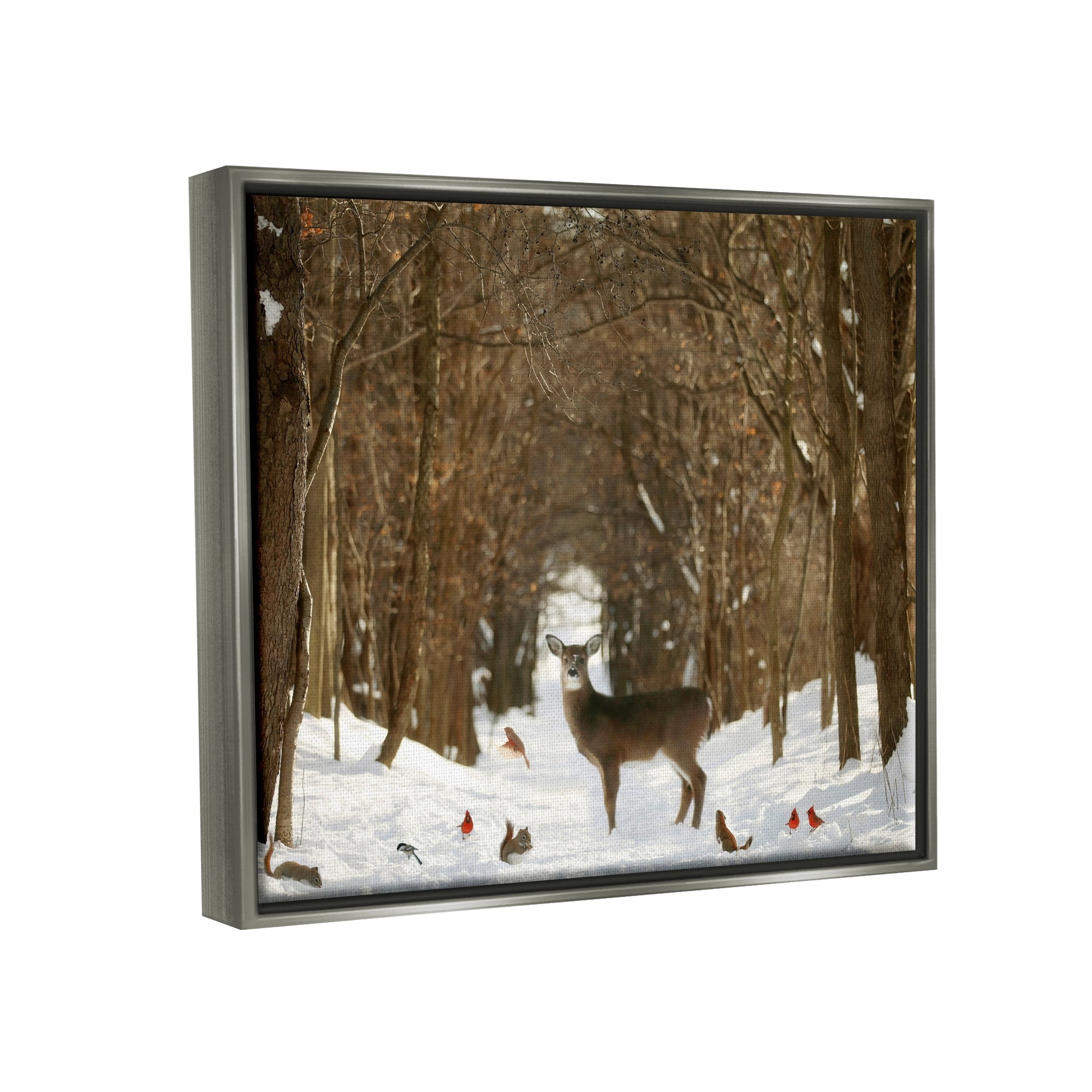Stupell Industries Wild Forest Animals Gathered Amidst Snowy Trees Photograph Luster Gray Floating Framed Canvas Print Wall Art, Design by Carrie Ann Grippo-Pike