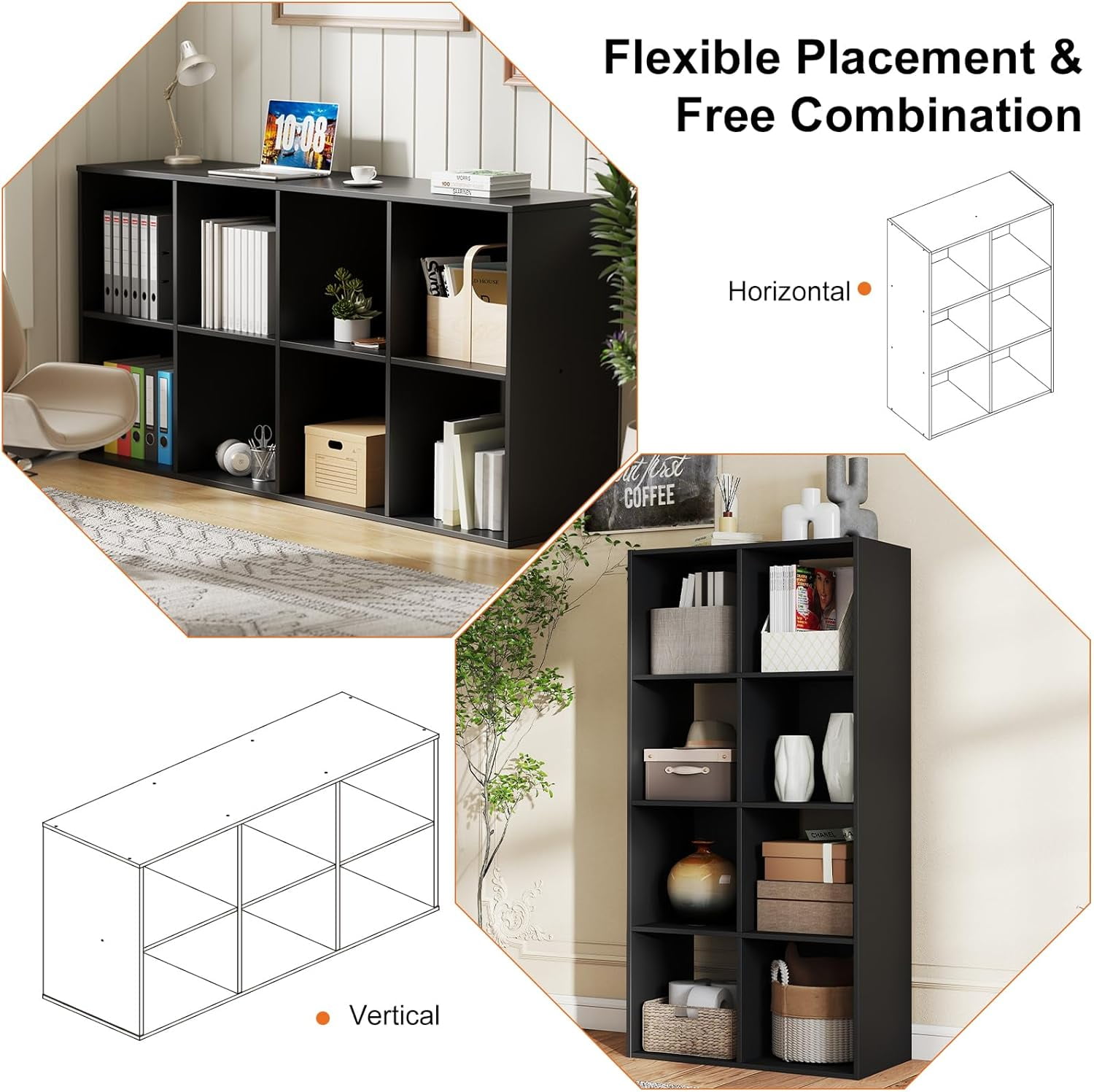 Black Cube Storage Unit, 4-tier Bookcase with 8 Cube Storage Unit, Open Display Bookcase with Removable Back Panels for Living Room, Home Office, Bedroom,