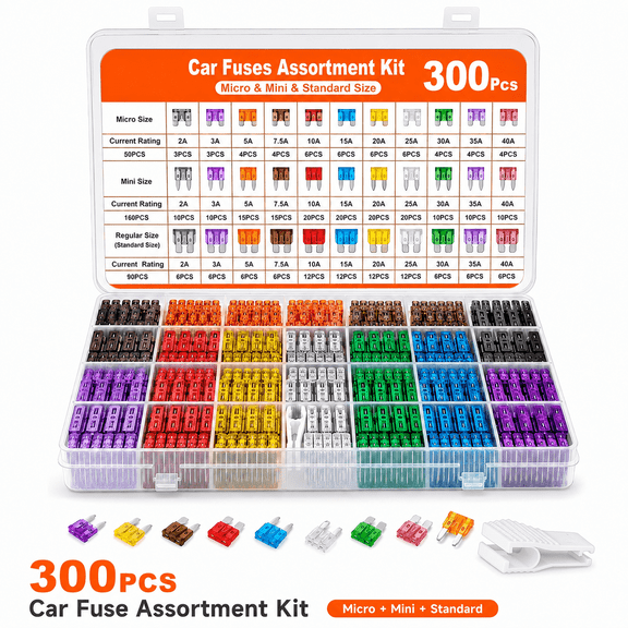 300pcs Car Fuse Kit, Including 160 Mini Fuses, 90 Standard Fuses, 50 Micro Fuses, Suitable for Cars, RVs, Trucks, Motorcycles (2A 3A 5A 7.5A 10A 15A 20A 25A 30A 35A 40A)