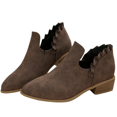 KIJBLAE Women s Ankle Boots Low Heel Pointed Toe Slip On Ruffle Faux Leather Booties Comfortable Chunky Heel Shoes Coffee 41