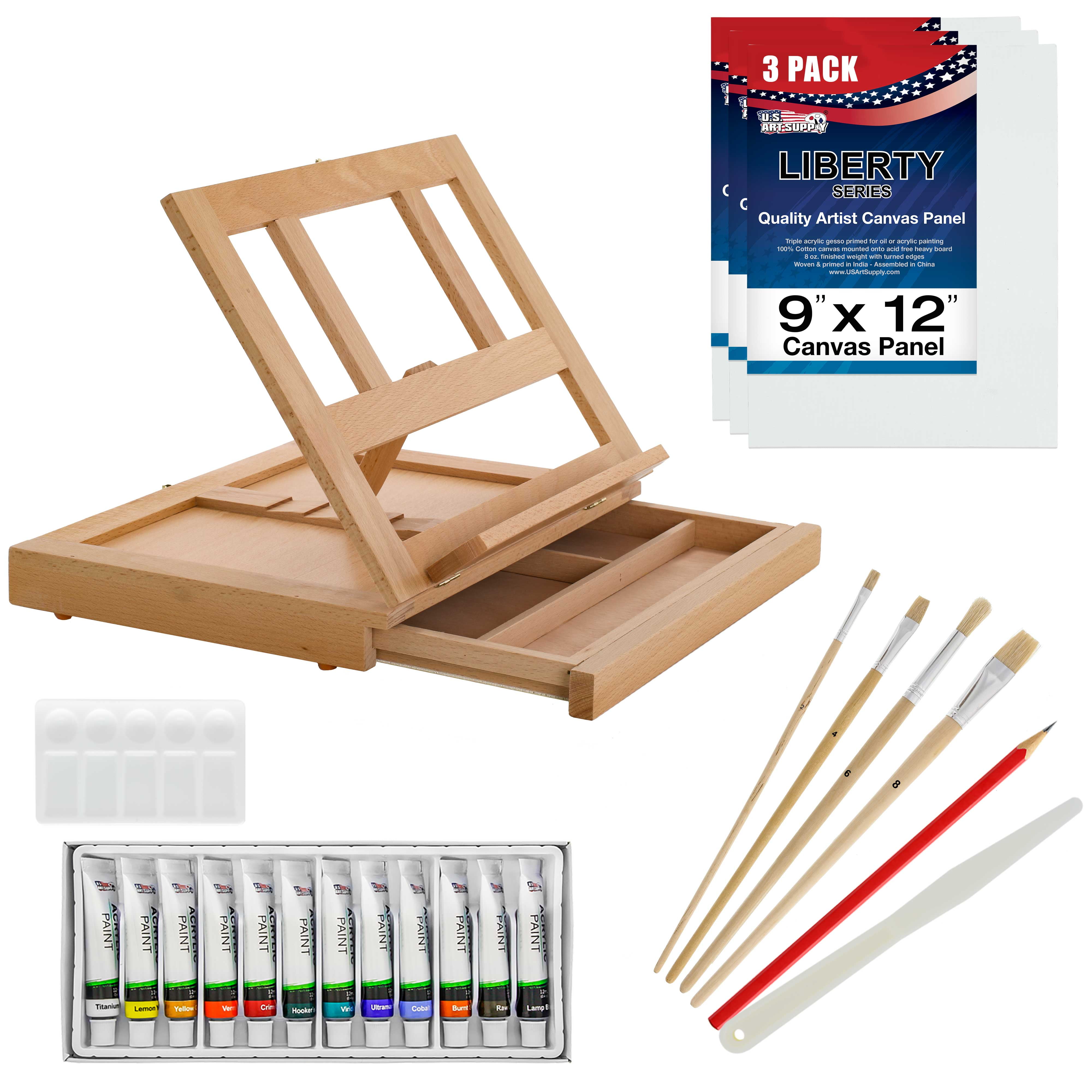 Acrylic Paint Set with Wooden Easel, 3 Canvas Panels, 30 Brushes, Paint  Plates, and 12ml Acrylics in 12 Colors for Artists