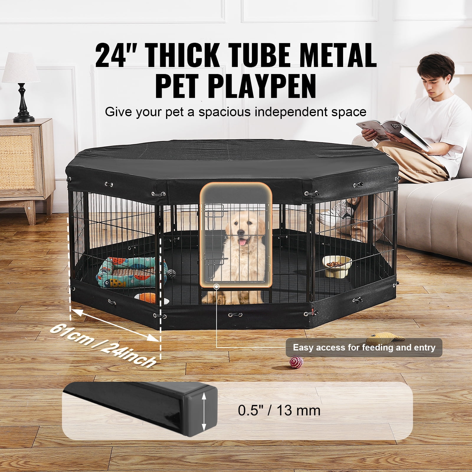 KFFKFF Canine Enclosure, 8 Segments of 24 x 24 in Collapsible Metallic Pet Activity Area, Indoor and Outdoor Canine Barrier with Entryway, Carry Sack, Overhead Shield and Base Cushion
