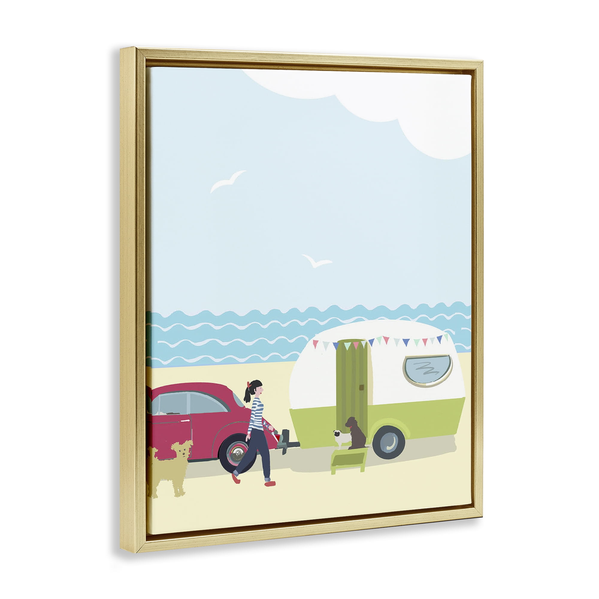 Stupell Industries Beach Day with Dogs Nautical & Beach Painting Gold Floater Framed Canvas Art Print Wall Art, 17 x 21