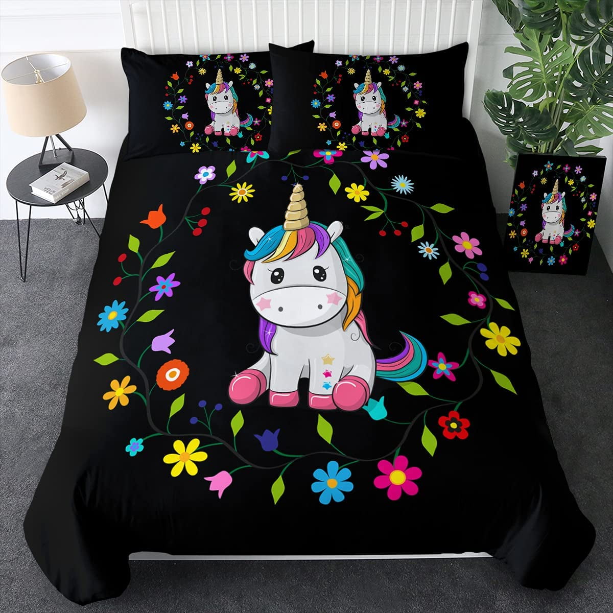 KFZ Unicorn Queen Duvet Cover Queen 3 Piece Kids Bed Sheets with 90x90 Unicorn Duvet Cover Bedding Comforters & Sets for Kids Bed Frame No Comforter 2 Pillow Covers 