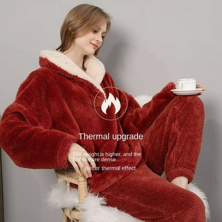 Kukuzhu Women Fleece Pajama Sets Winter Warm Shearling Rollneck
