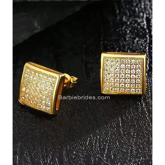 Exquisite Micro Pave Square 18K Gold Plated 5A CZ Men Women Stud Earrings